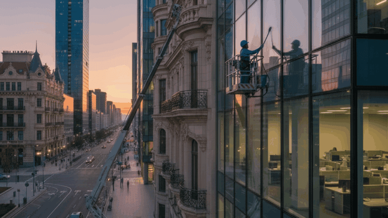 Nettoyage de vitres de bâtiments commerciaux en ville avec échafaudage, service professionnel Limo Clean.